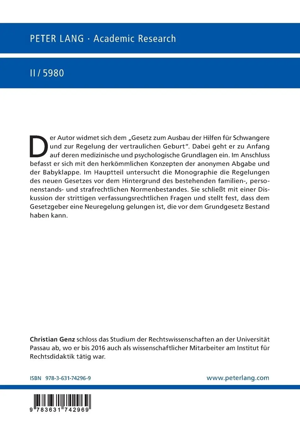 Rückseite: 9783631742969 | Die vertrauliche Geburt | Christian Genz | Taschenbuch | Deutsch