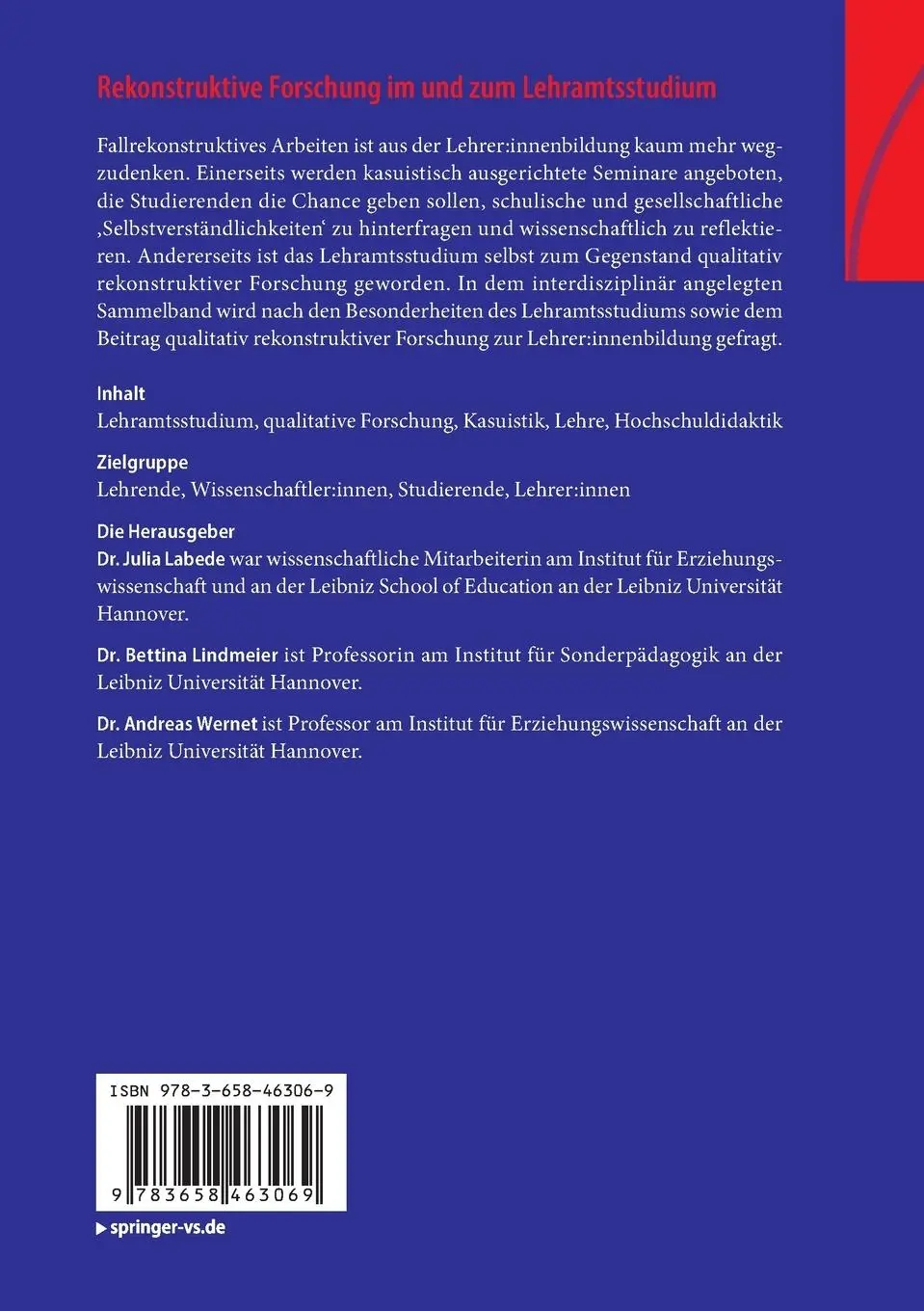 Rückseite: 9783658463069 | Rekonstruktive Forschung im und zum Lehramtsstudium | Labede (u. a.)