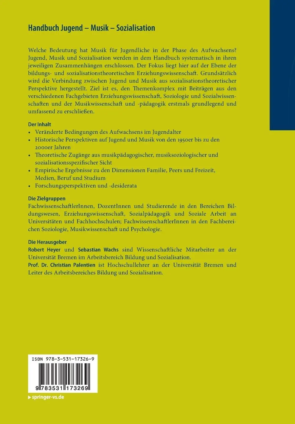 Rückseite: 9783531173269 | Handbuch Jugend - Musik - Sozialisation | Robert Heyer (u. a.) | Buch