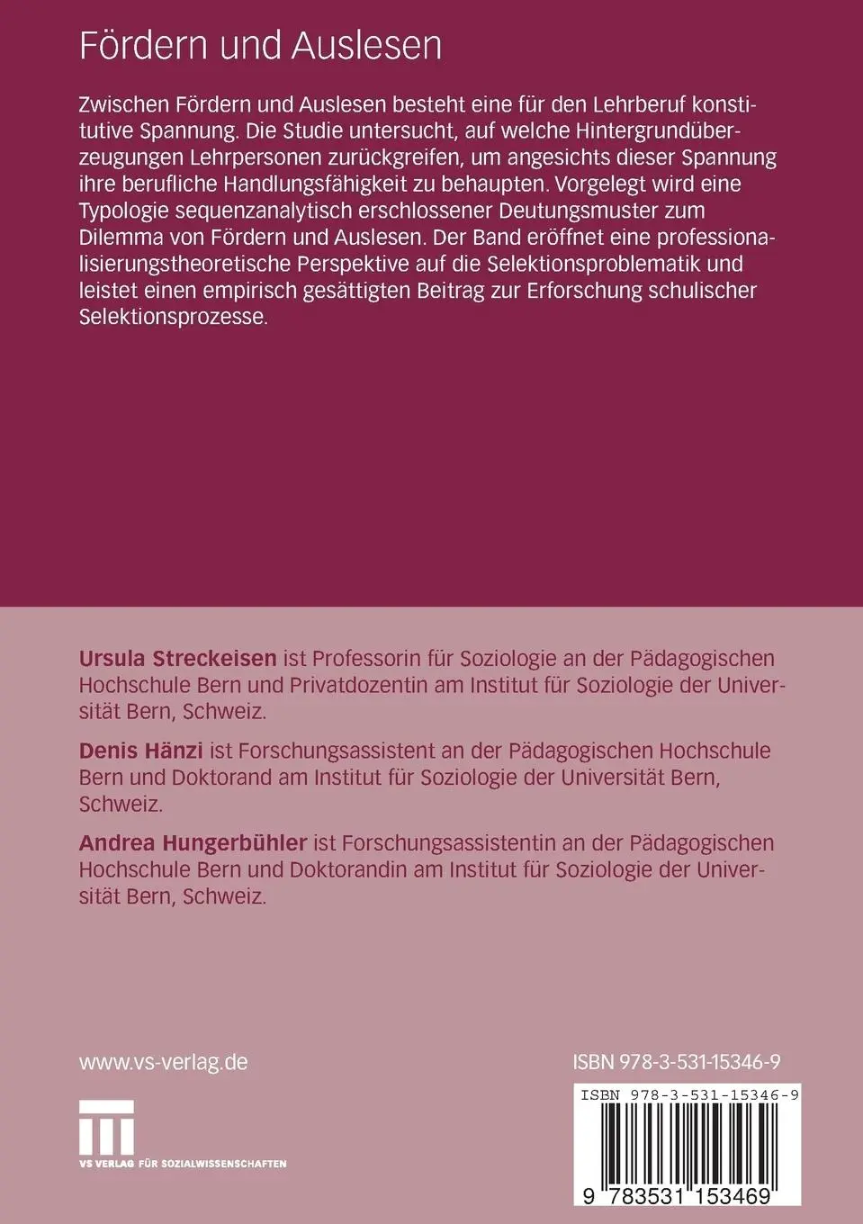 Rückseite: 9783531153469 | Fördern und Auslesen | Ursula Streckeisen (u. a.) | Taschenbuch | viii