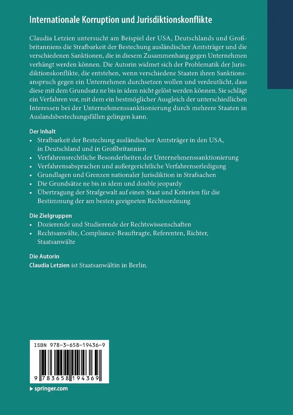 Rückseite: 9783658194369 | Internationale Korruption und Jurisdiktionskonflikte | Claudia Letzien