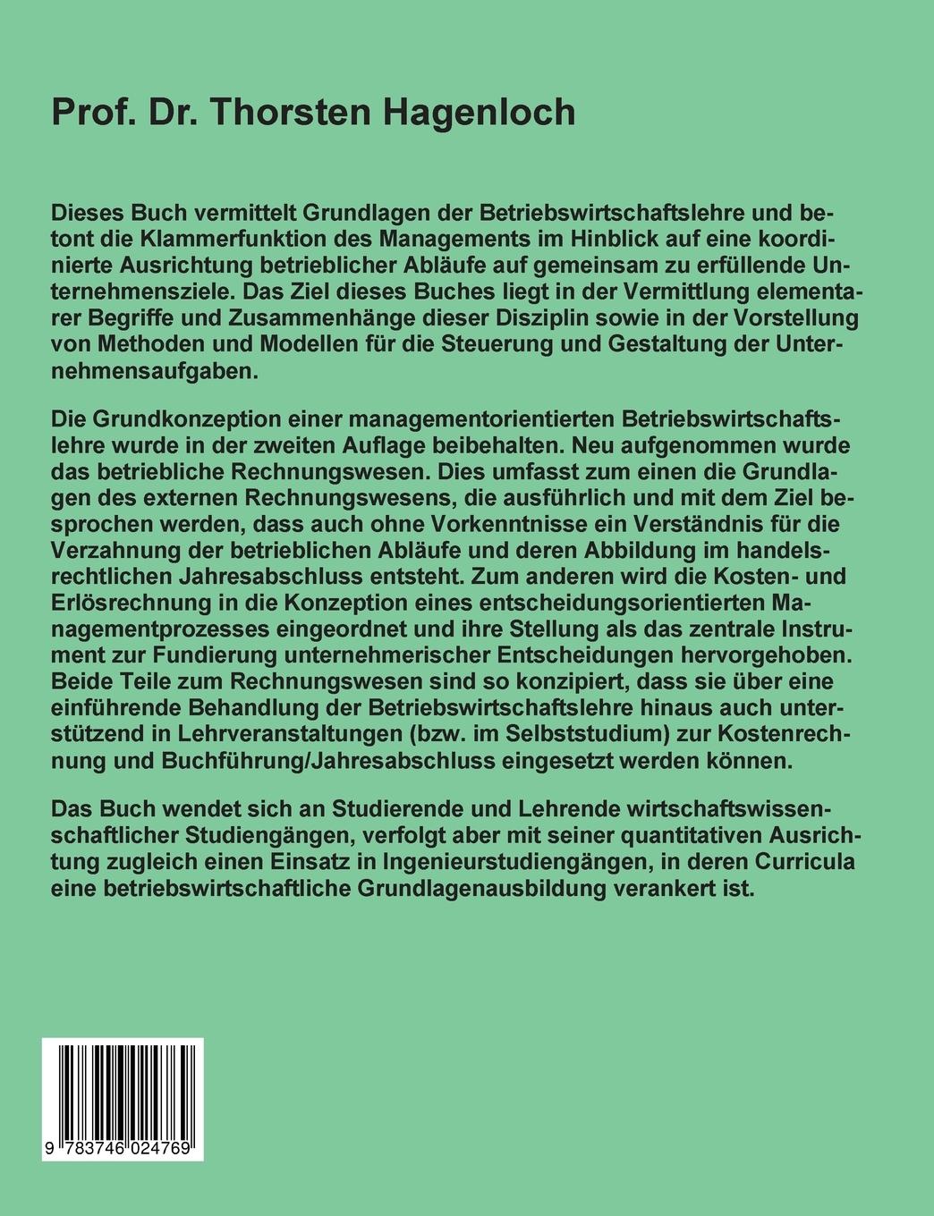 Rückseite: 9783746024769 | Einführung in die Betriebswirtschaftslehre | Thorsten Hagenloch | Buch