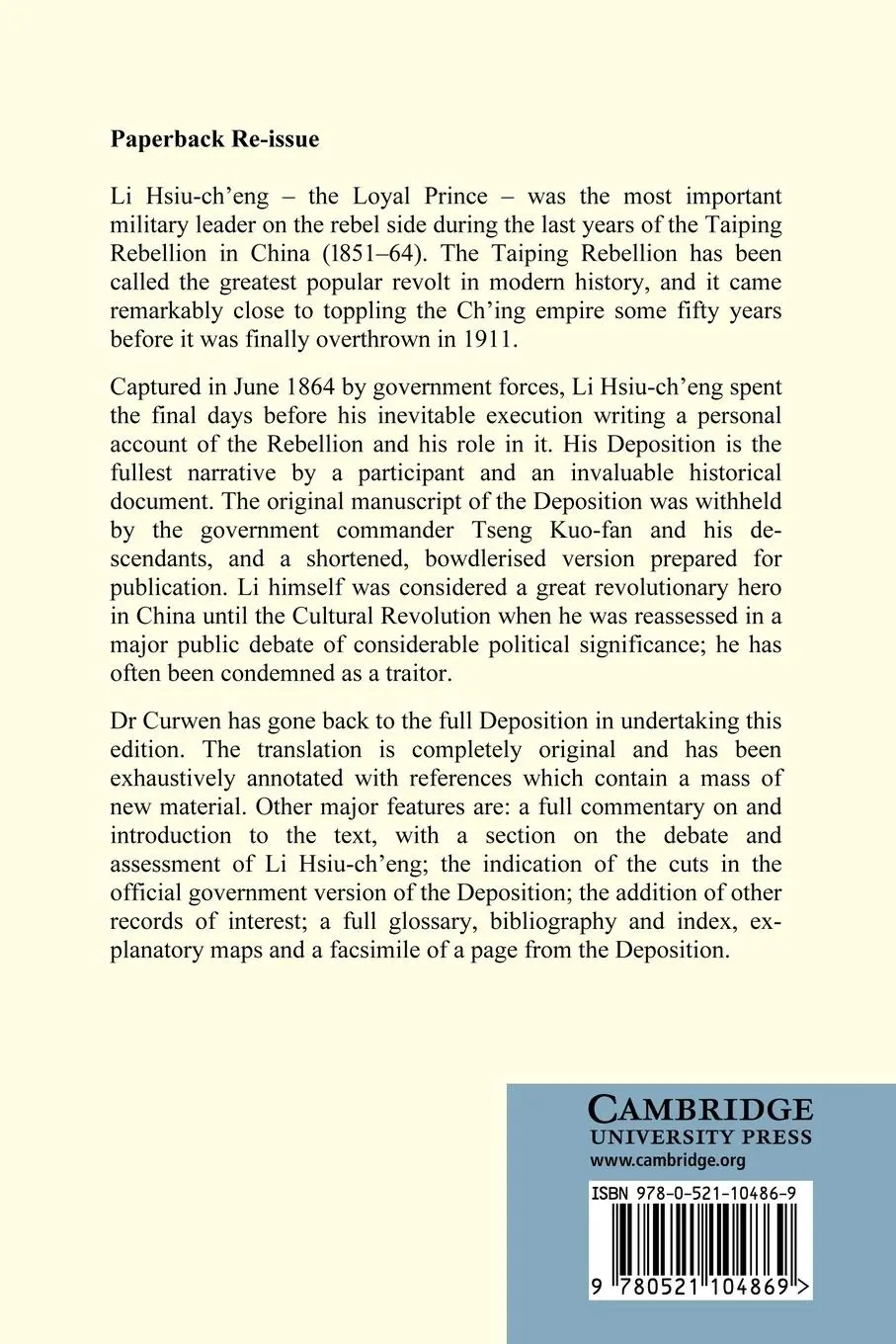 Rückseite: 9780521104869 | Taiping Rebel | The Deposition of Li Hsiu-Ch'eng | C. A. Curwen | Buch