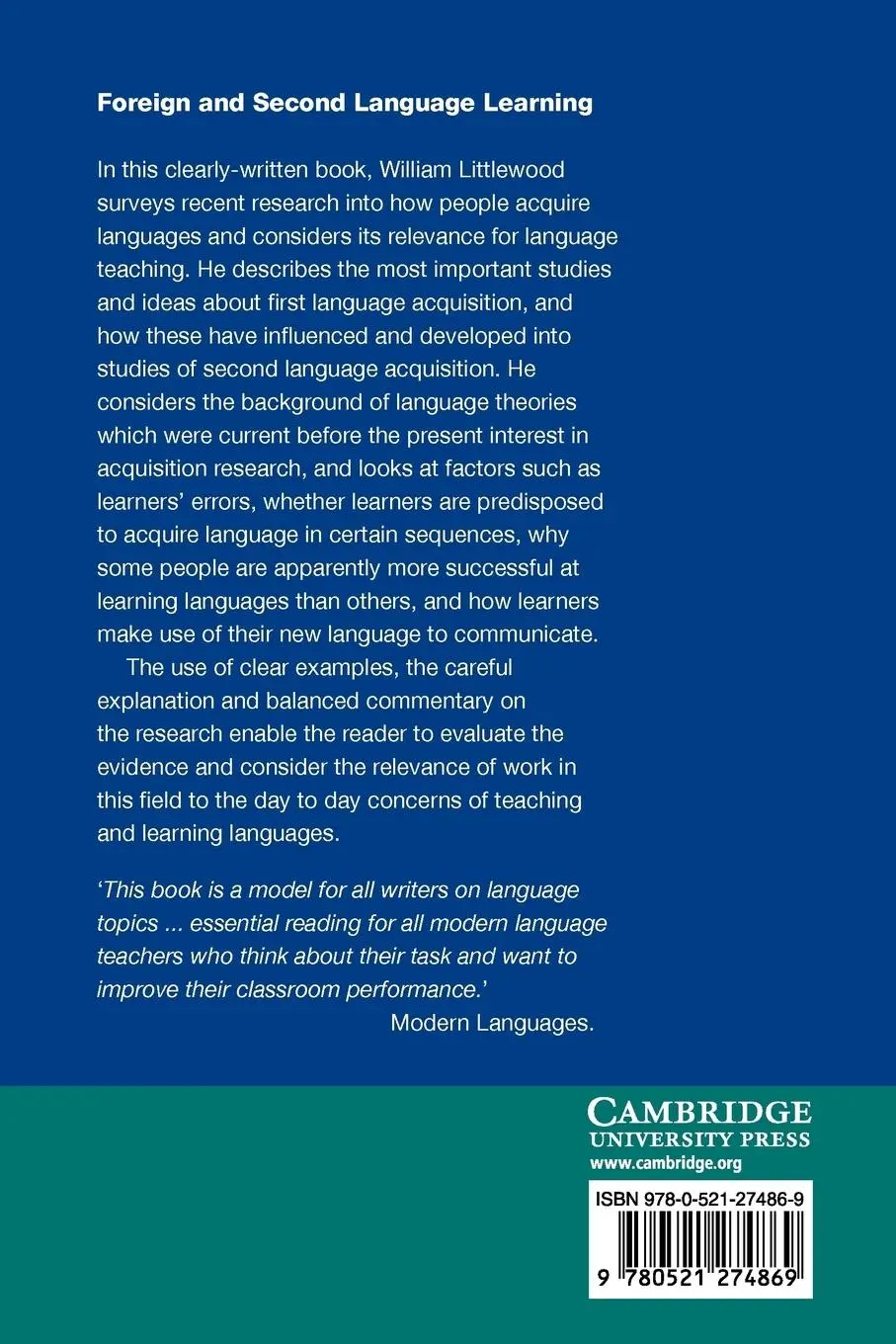 Rückseite: 9780521274869 | Foreign and Second Language Learning | William Littlewood | Buch