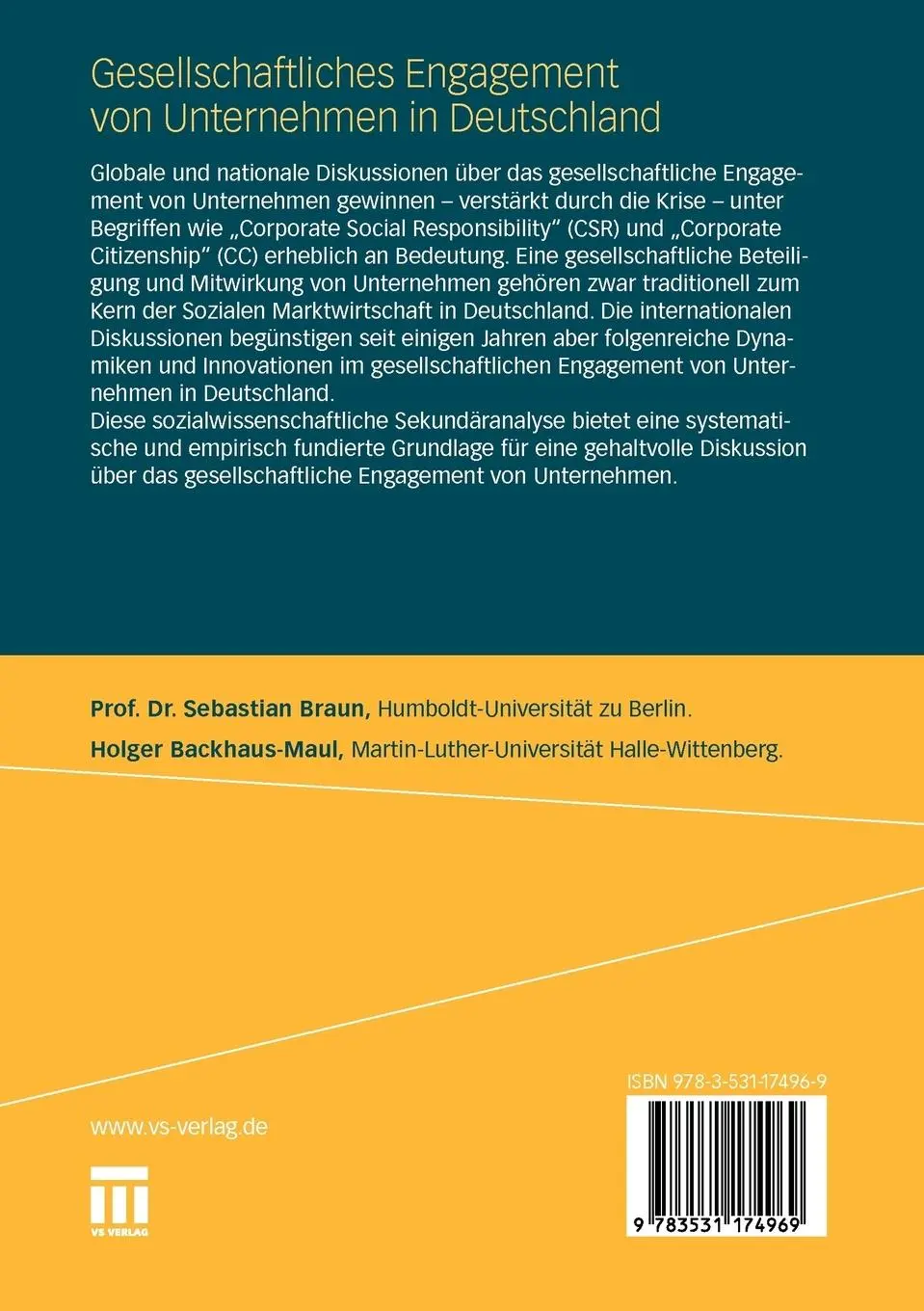 Rückseite: 9783531174969 | Gesellschaftliches Engagement von Unternehmen in Deutschland | Buch