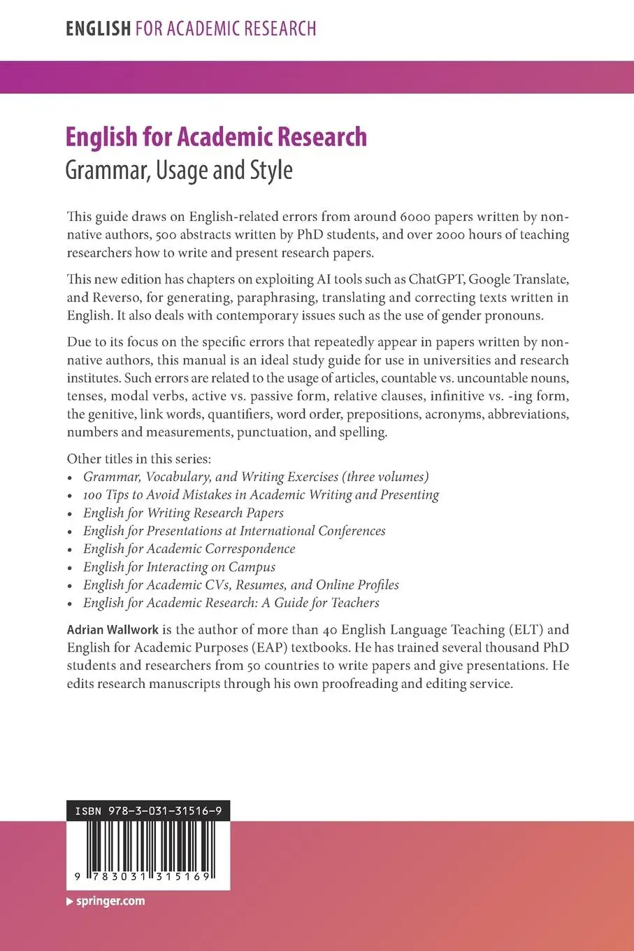 Rückseite: 9783031315169 | English for Academic Research: Grammar, Usage and Style | Wallwork
