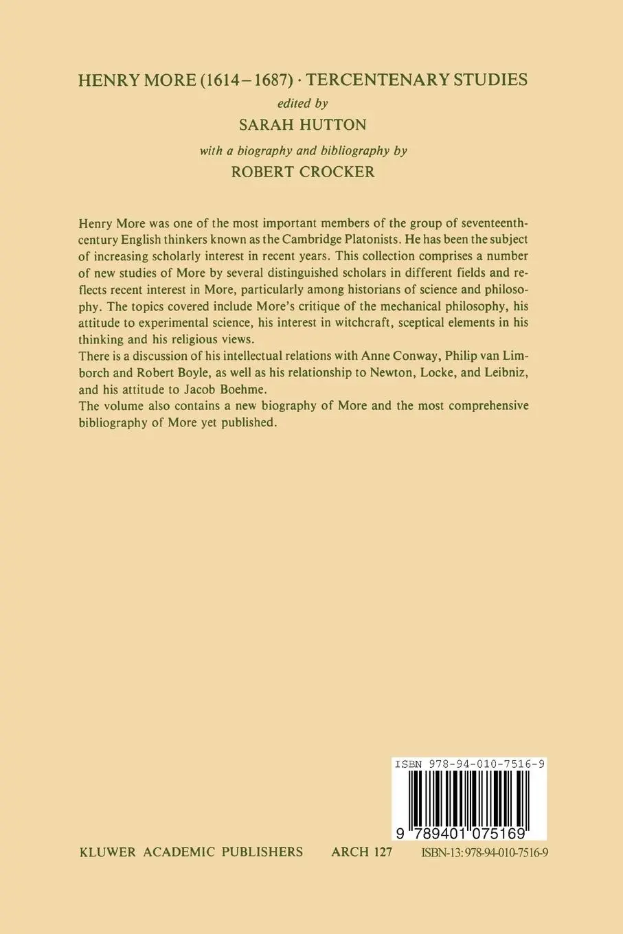 Rückseite: 9789401075169 | Henry More (1614-1687) Tercentenary Studies | S. Hutton | Taschenbuch