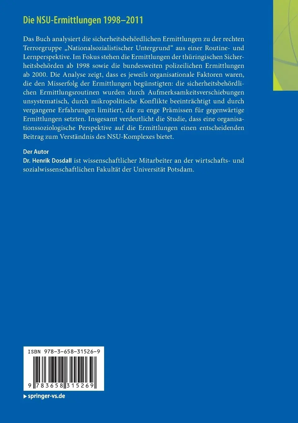 Rückseite: 9783658315269 | Die NSU-Ermittlungen 1998-2011 | Henrik Dosdall | Taschenbuch | ix