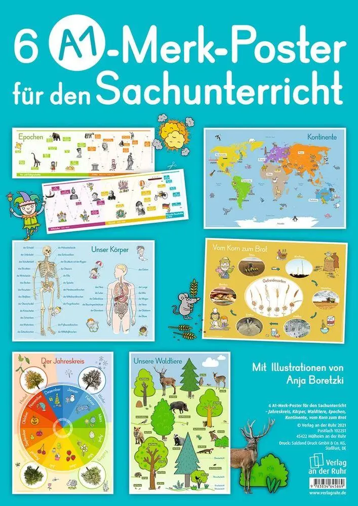 6 A1-Merk-Poster für den Sachunterricht Jahreskreis, Körper, Waldtiere, Epochen, Kontinente, vom Korn zum Brot