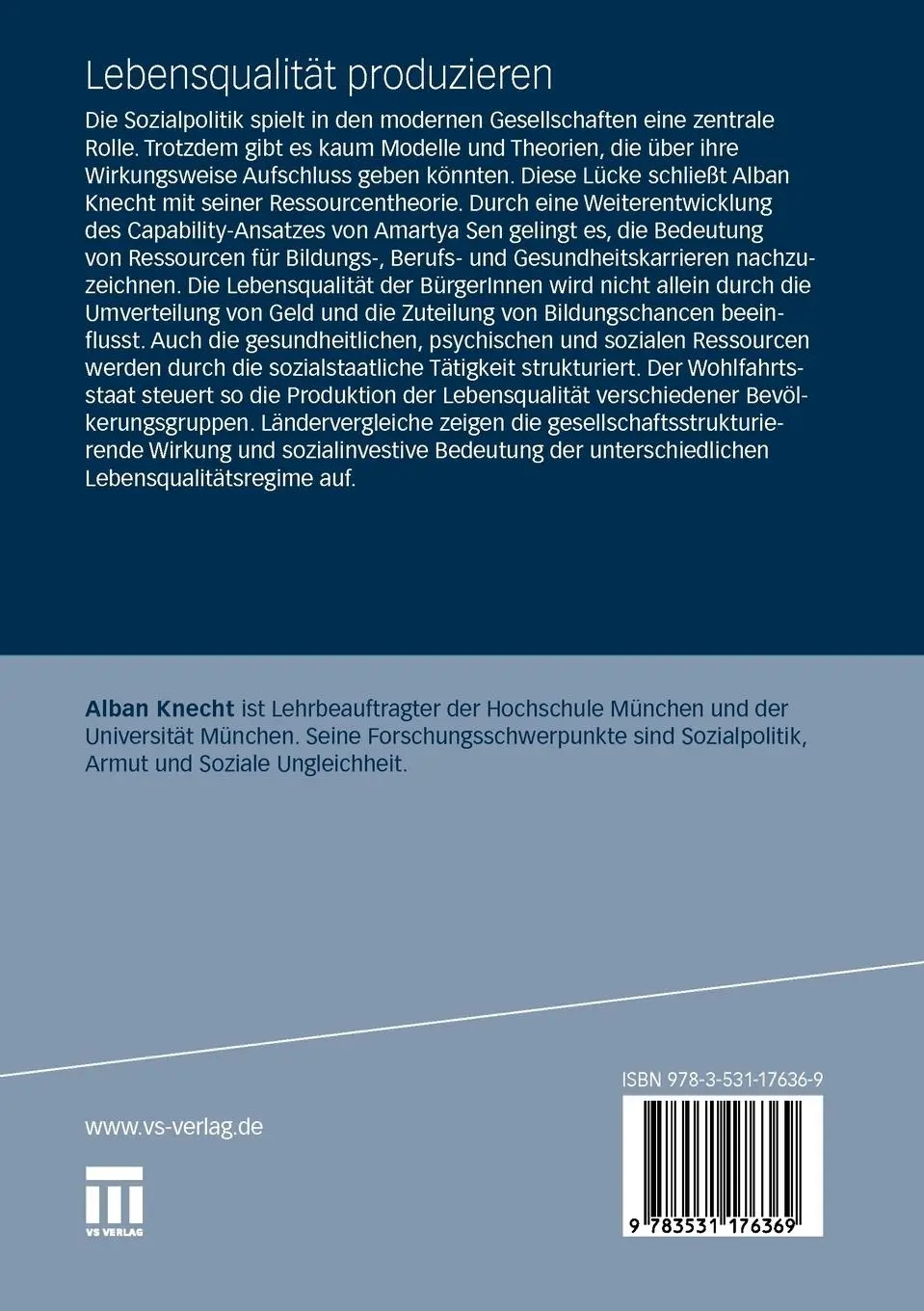 Rückseite: 9783531176369 | Lebensqualität produzieren | Alban Knecht | Taschenbuch | 365 S.