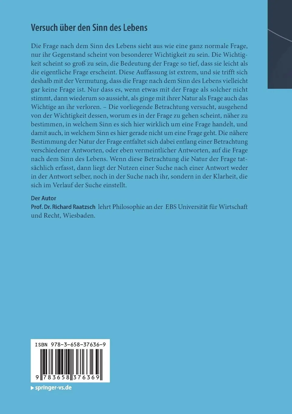 Rückseite: 9783658376369 | Versuch über den Sinn des Lebens | Richard Raatzsch | Taschenbuch
