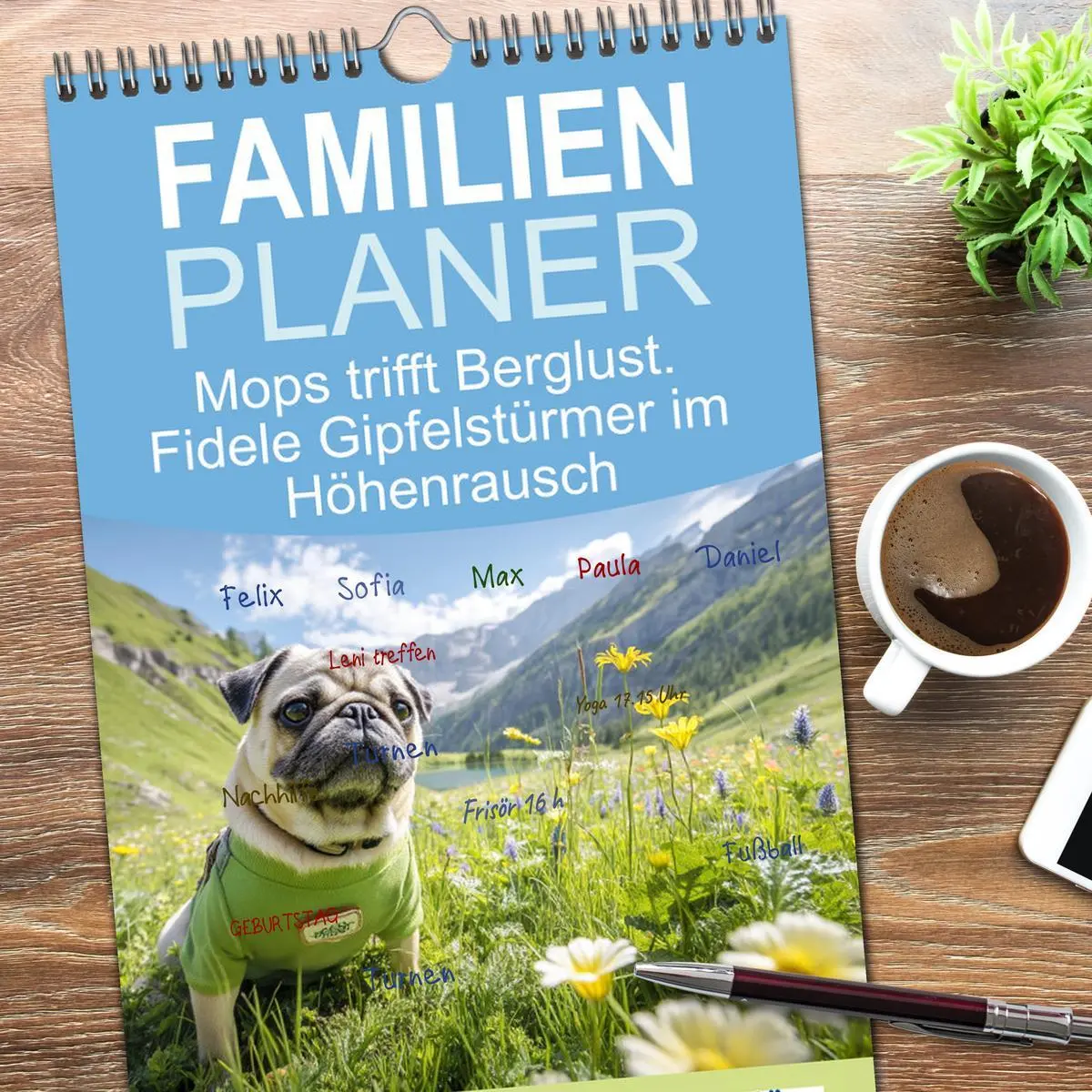Bild: 9783516616569 | Familienplaner 2026 - Mops trifft Berglust. Fidele Gipfelstürmer im...
