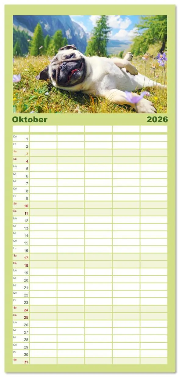 Bild: 9783516616569 | Familienplaner 2026 - Mops trifft Berglust. Fidele Gipfelstürmer im...