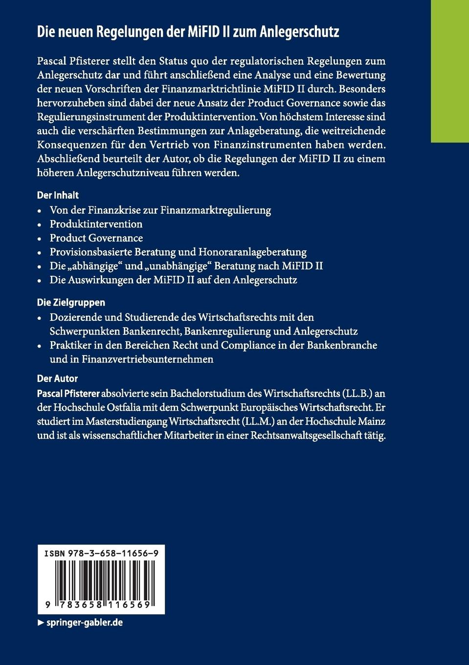 Rückseite: 9783658116569 | Die neuen Regelungen der MiFID II zum Anlegerschutz | Pascal Pfisterer