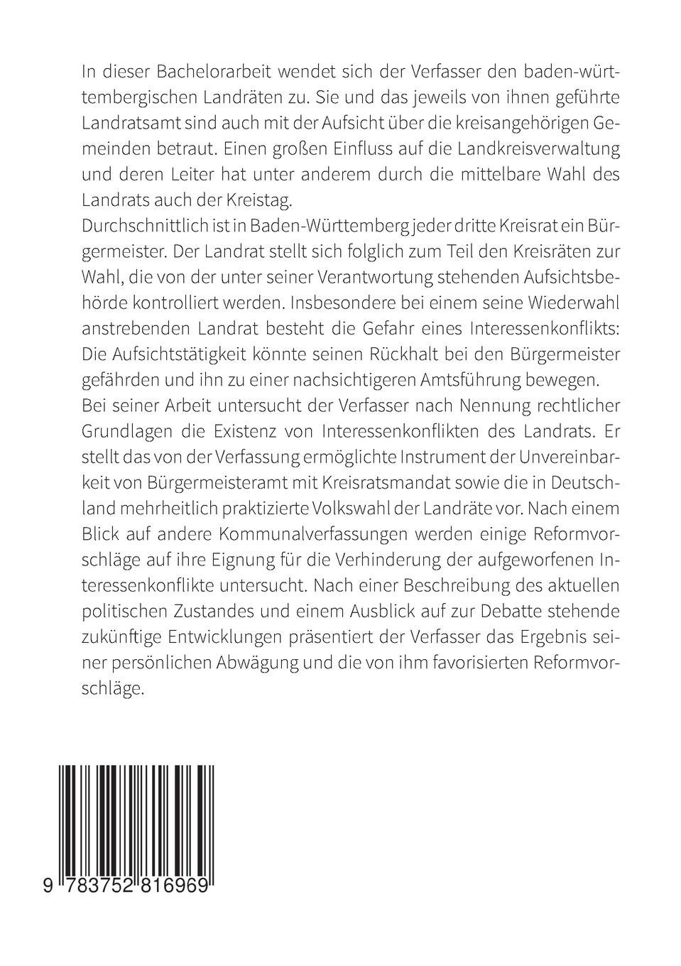 Rückseite: 9783752816969 | Der Landrat im Spannungsverhältnis zwischen der Leitung der...
