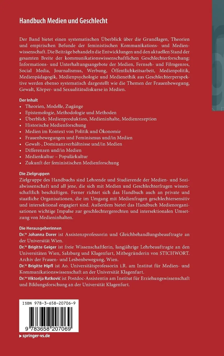 Rückseite: 9783658207069 | Handbuch Medien und Geschlecht | Johanna Dorer (u. a.) | Buch | xvi