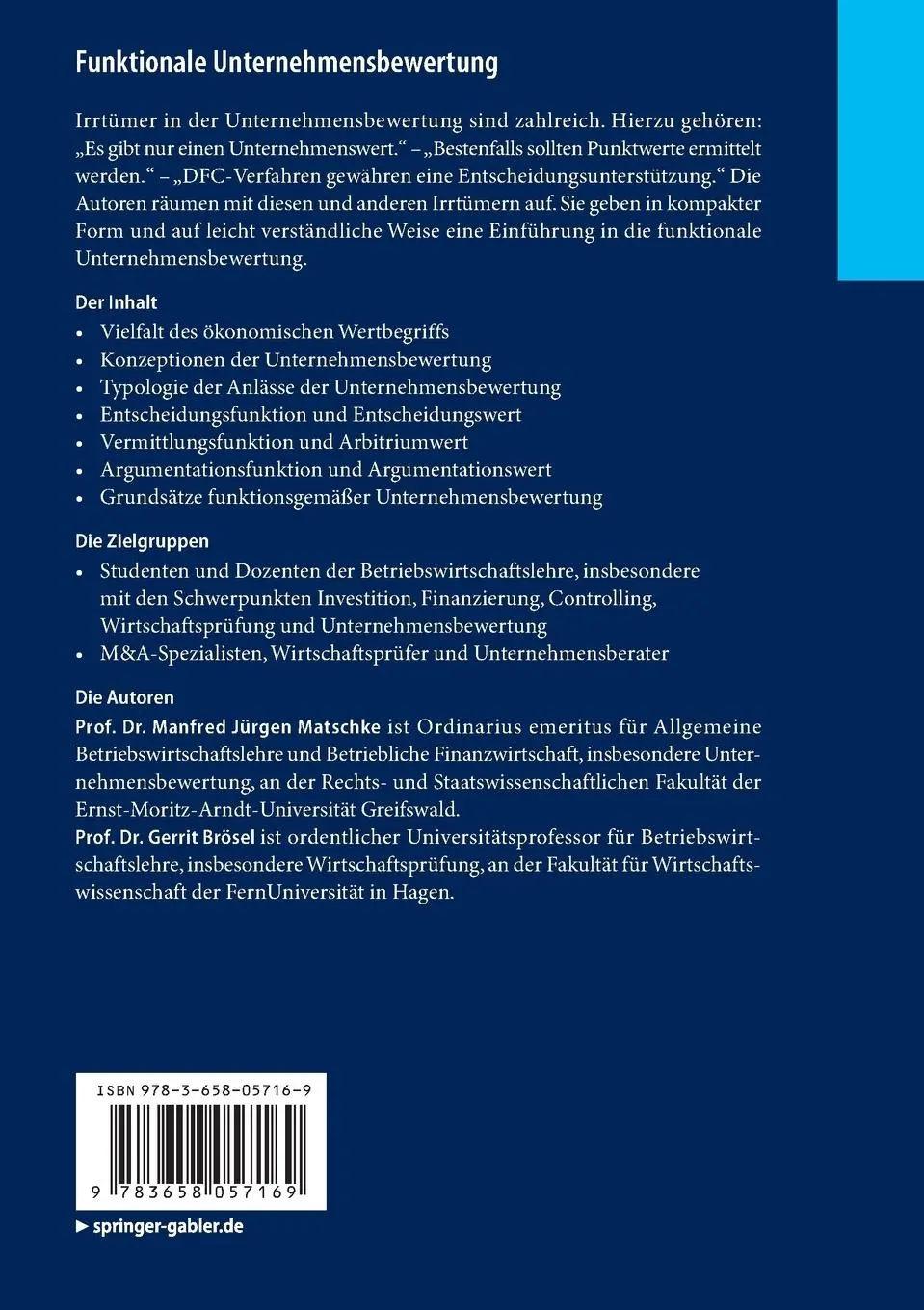 Rückseite: 9783658057169 | Funktionale Unternehmensbewertung | Eine Einführung | Brösel (u. a.)