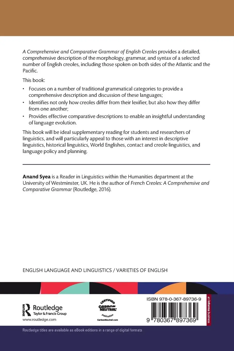 Rückseite: 9780367897369 | A Comprehensive and Comparative Grammar of English Creoles | Syea
