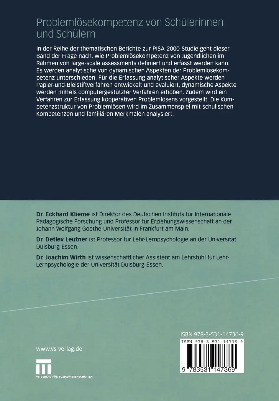 Rückseite: 9783531147369 | Problemlösekompetenz von Schülerinnen und Schülern | Klieme (u. a.)