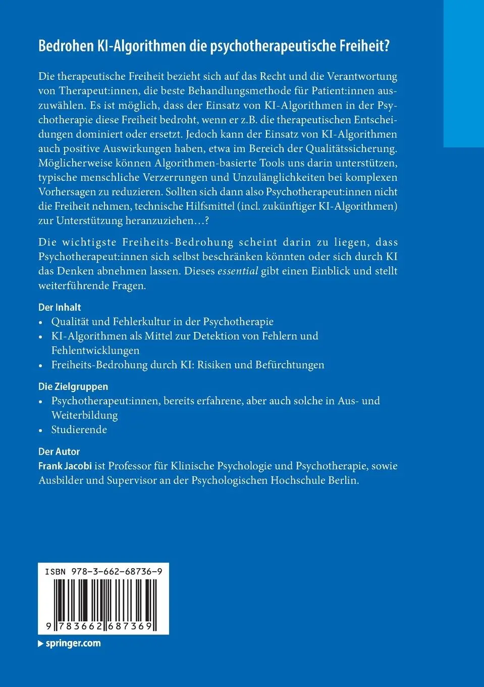 Rückseite: 9783662687369 | Bedrohen KI-Algorithmen die psychotherapeutische Freiheit? | Jacobi