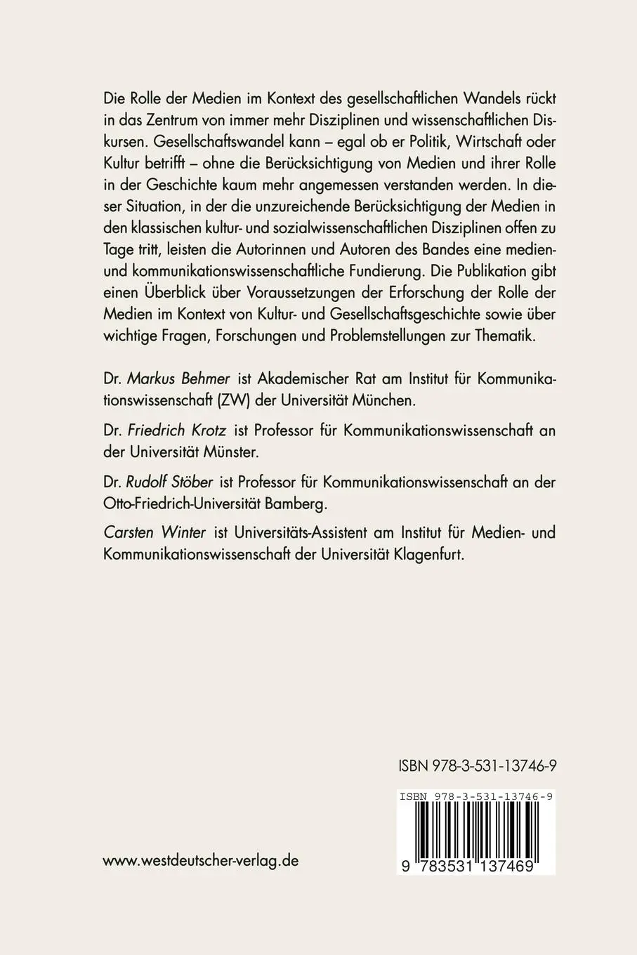Rückseite: 9783531137469 | Medienentwicklung und gesellschaftlicher Wandel | Behmer (u. a.)