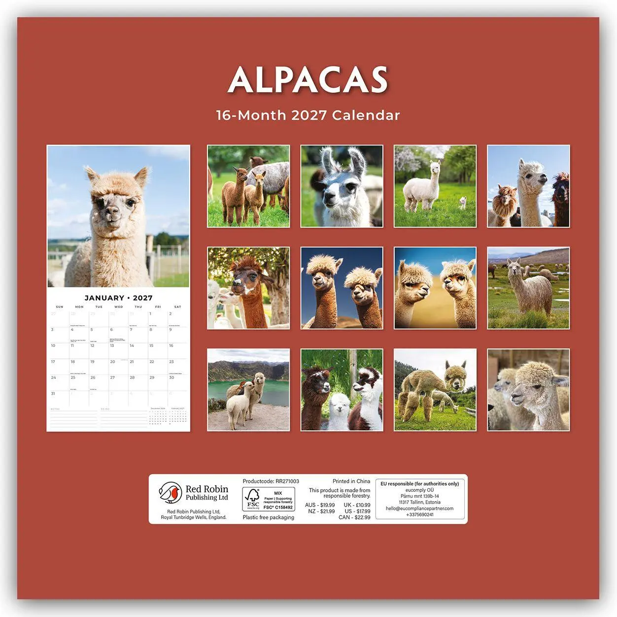 Rückseite: 9781804427569 | Alpacas - Alpakas 2027 - 16-Monatskalender | Robin Red | Kalender