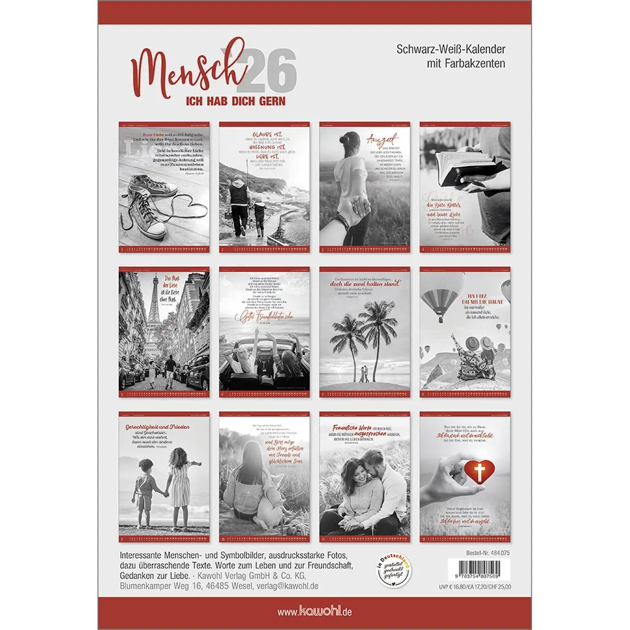 Bild: 9783754807569 | Mensch - ich hab dich gern 2026 | S/W-Kalender | Kalender | 14 S.