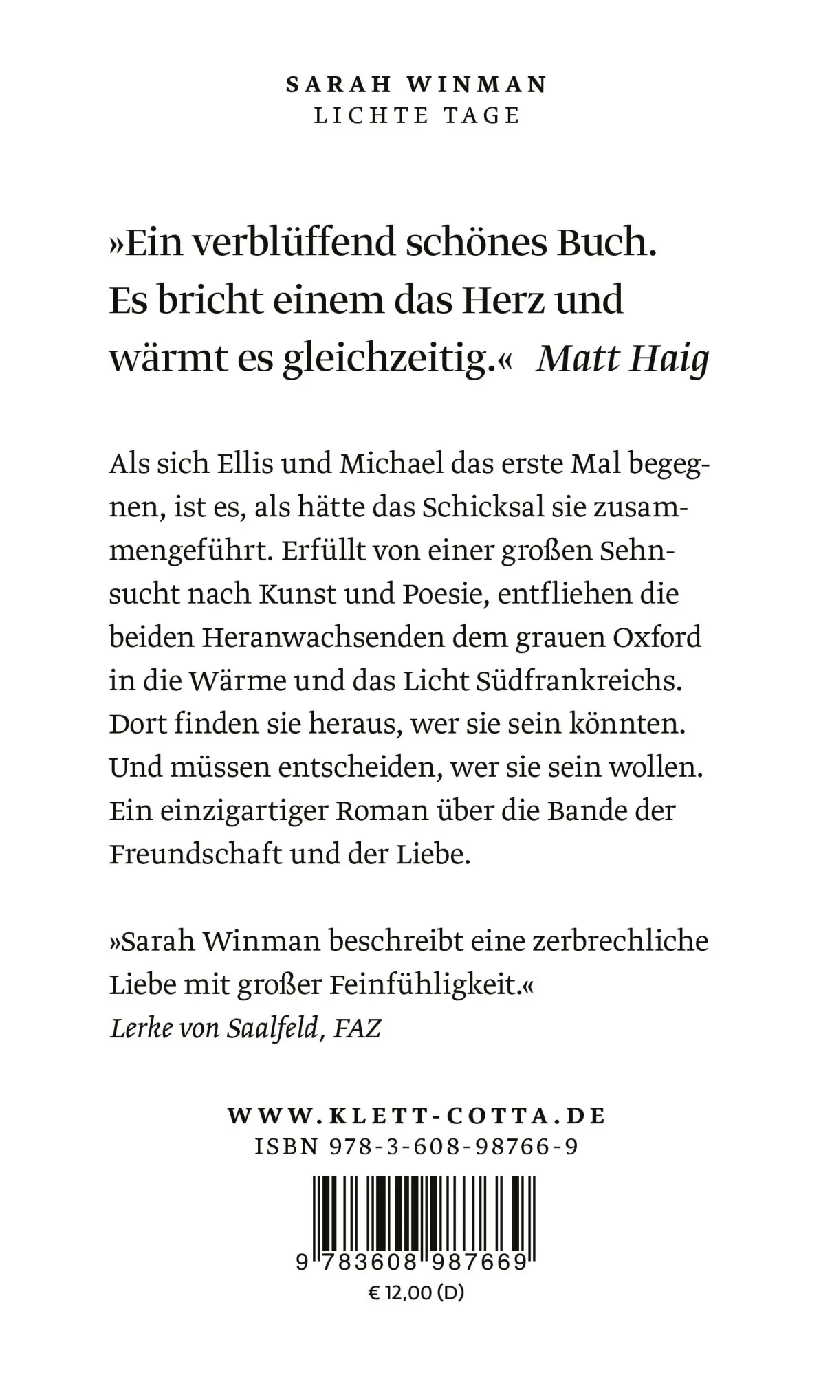 Rückseite: 9783608987669 | Lichte Tage | Roman | Sarah Winman | Taschenbuch | broschiert | 233 S.