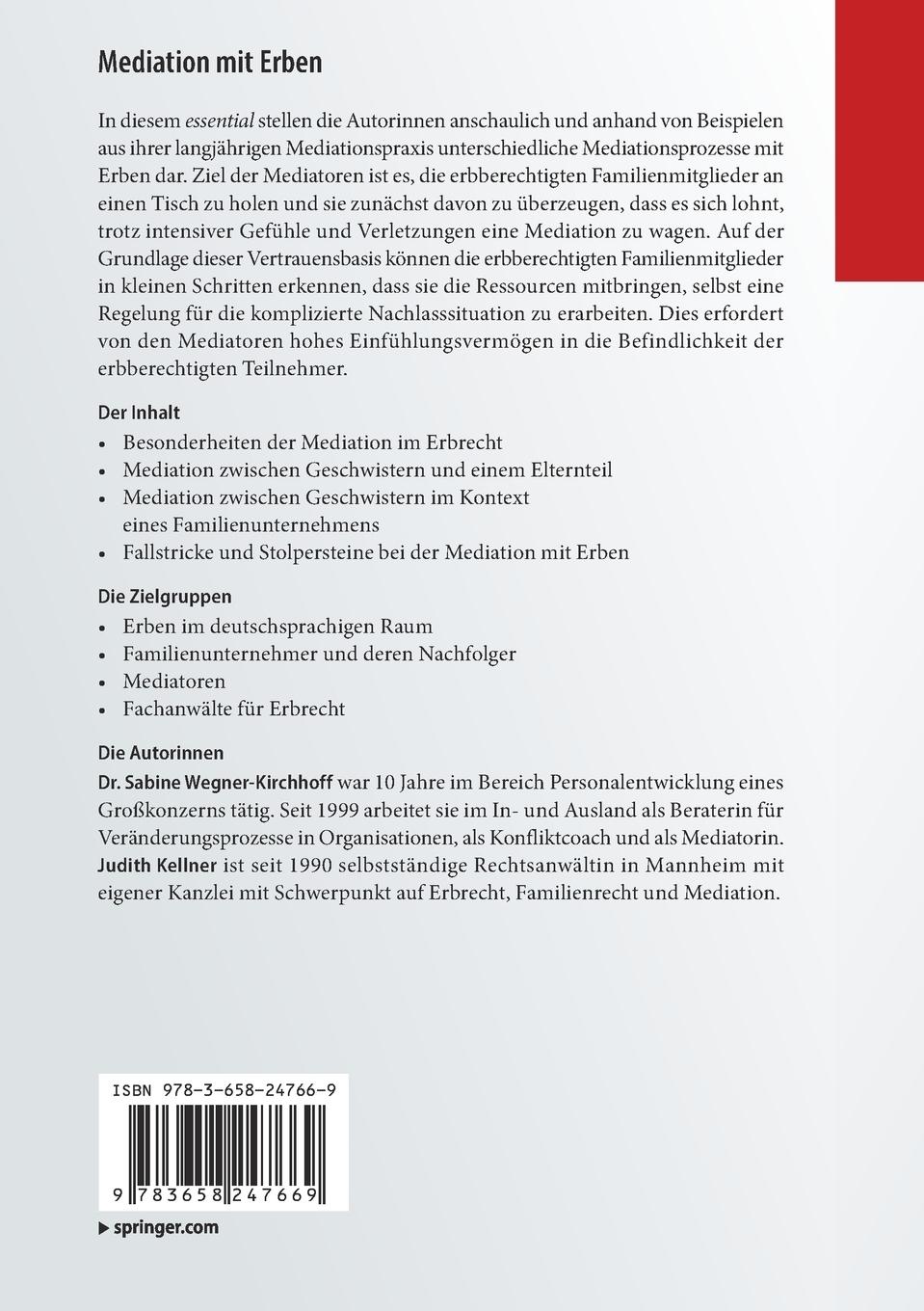 Rückseite: 9783658247669 | Mediation mit Erben | Judith Kellner (u. a.) | Taschenbuch | xi | 2019