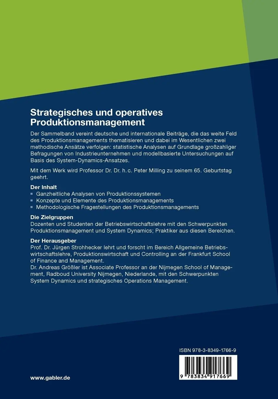 Rückseite: 9783834917669 | Strategisches und operatives Produktionsmanagement | Größler (u. a.)