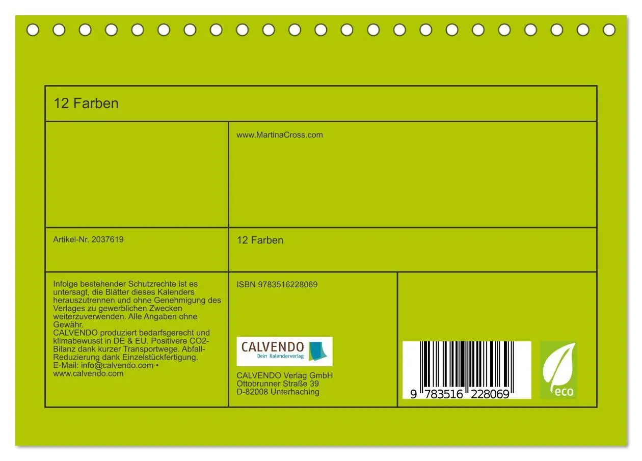 Bild: 9783516228069 | 12 Farben (Tischkalender 2026 DIN A5 quer), CALVENDO Monatskalender