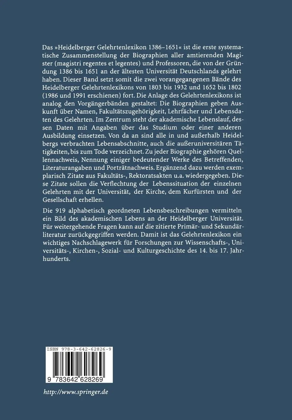 Rückseite: 9783642628269 | Heidelberger Gelehrtenlexikon 1386-1651 | Dagmar Drüll | Taschenbuch