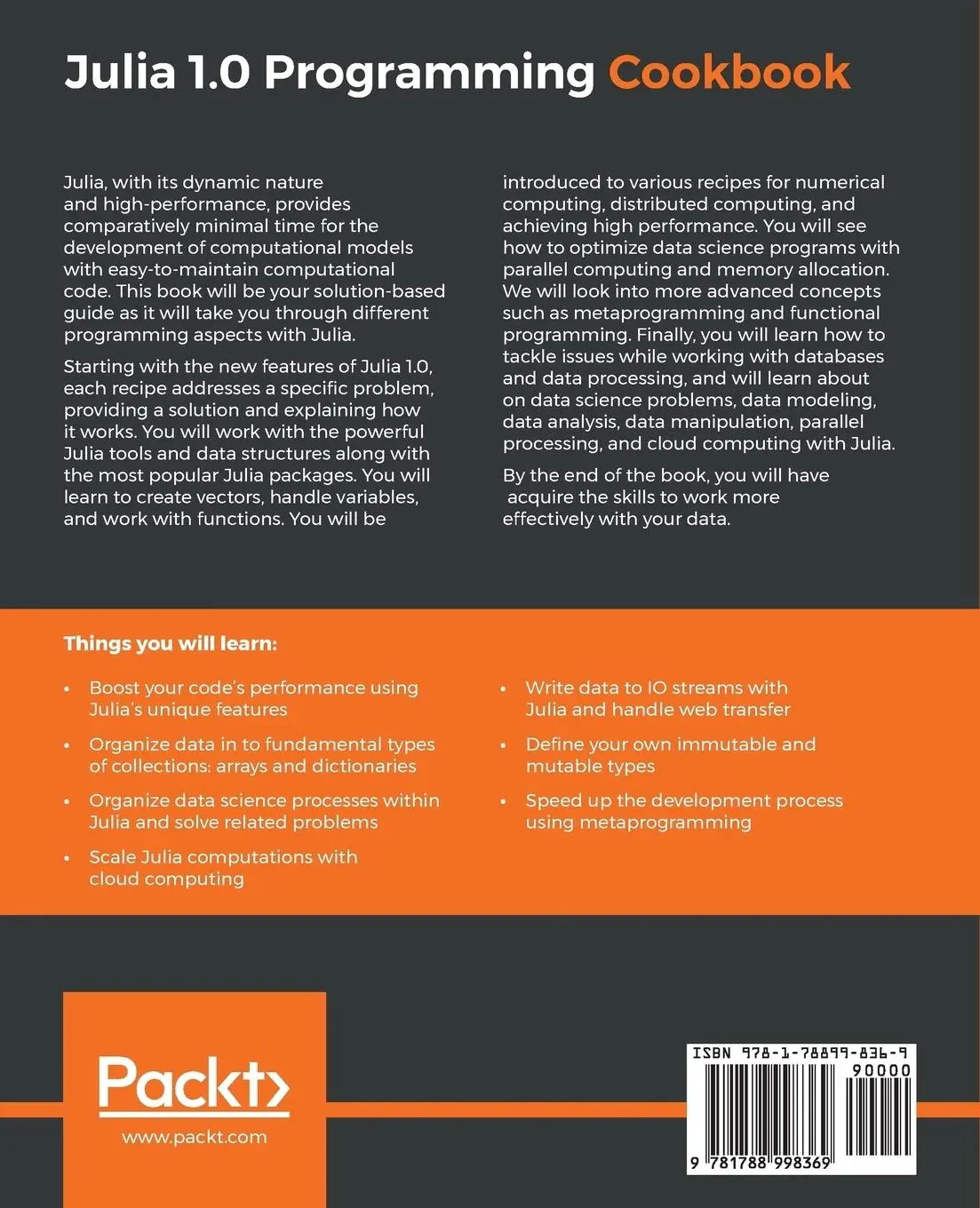 Rückseite: 9781788998369 | Julia 1.0 Programming Cookbook | Przemys¿aw Szufel (u. a.) | Buch