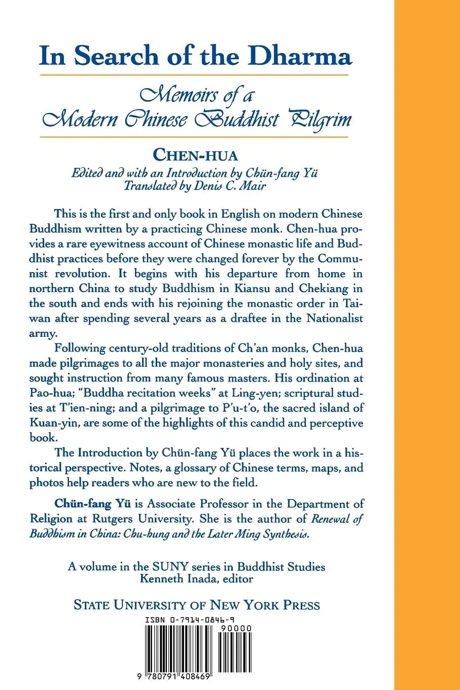 Rückseite: 9780791408469 | In Search of the Dharma | Memoirs of a Modern Chinese Buddhist Pilgrim