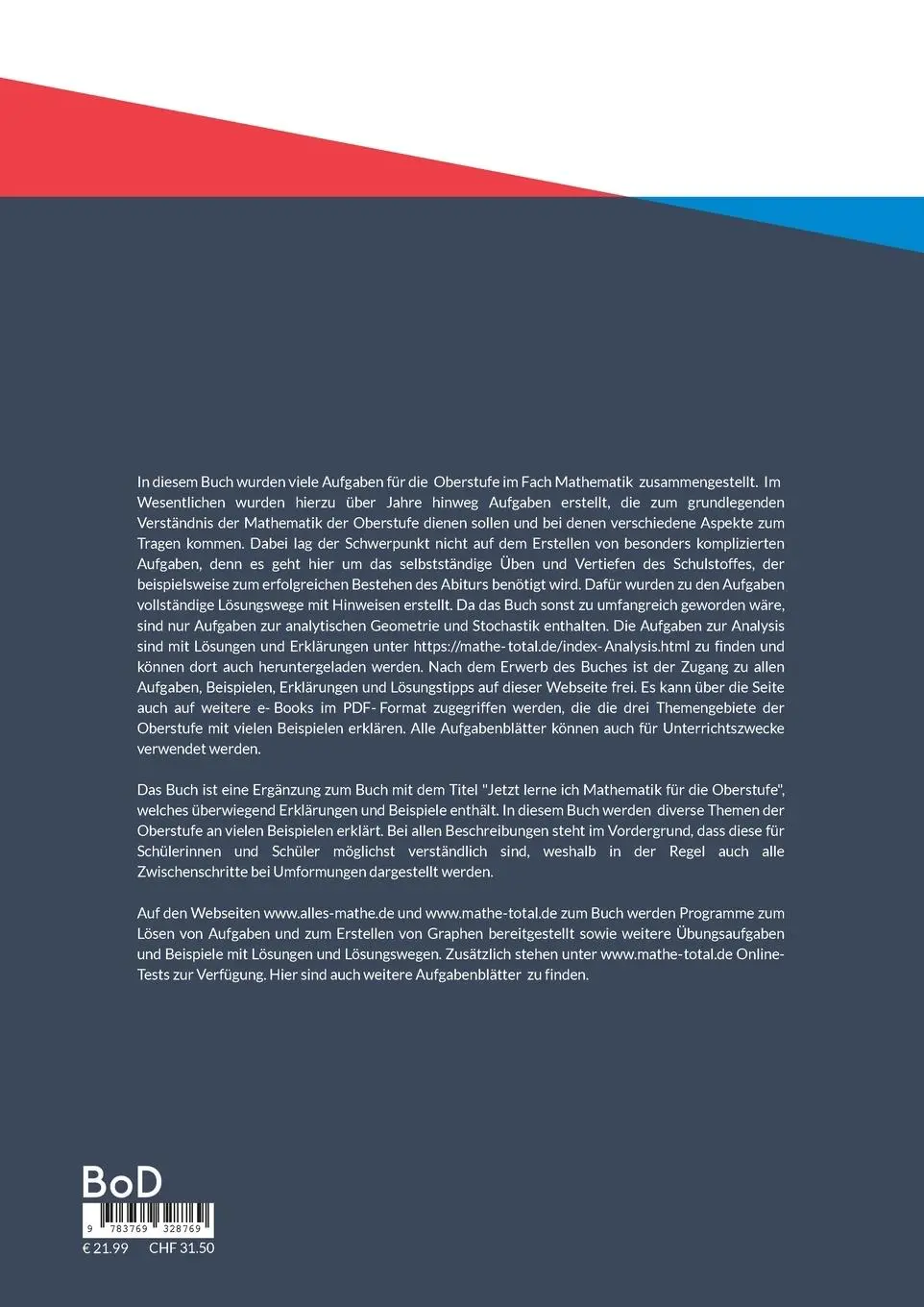 Rückseite: 9783769328769 | Aufgabensammlung für die Oberstufe | www.mathe-total.de | Schuchmann