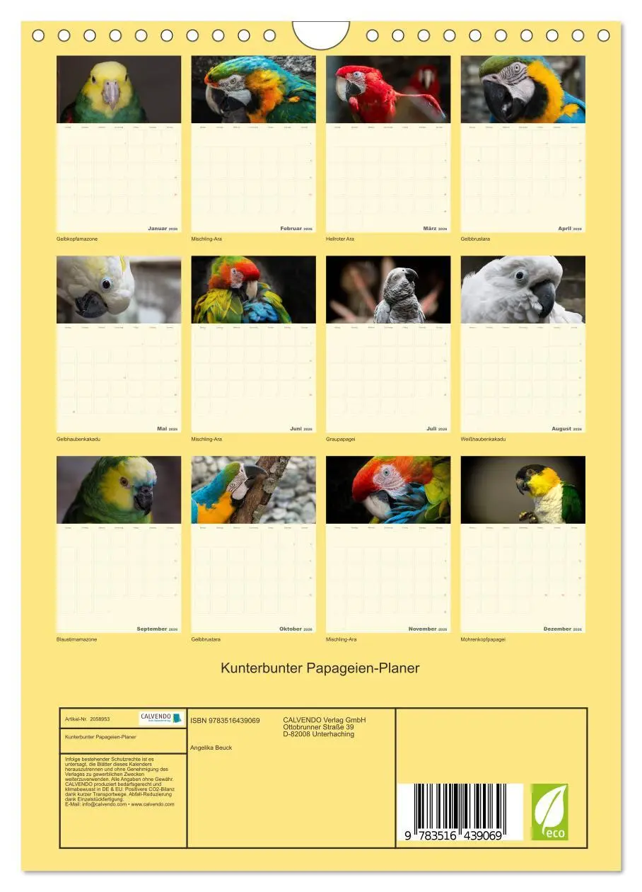 Bild: 9783516439069 | Kunterbunter Papageien-Planer (Wandkalender 2026 DIN A4 hoch),...
