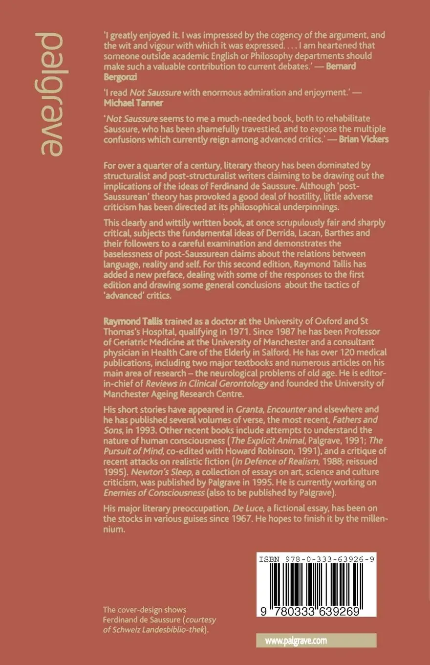 Rückseite: 9780333639269 | Not Saussure | A Critique of Post-Saussurean Literary Theory | Tallis