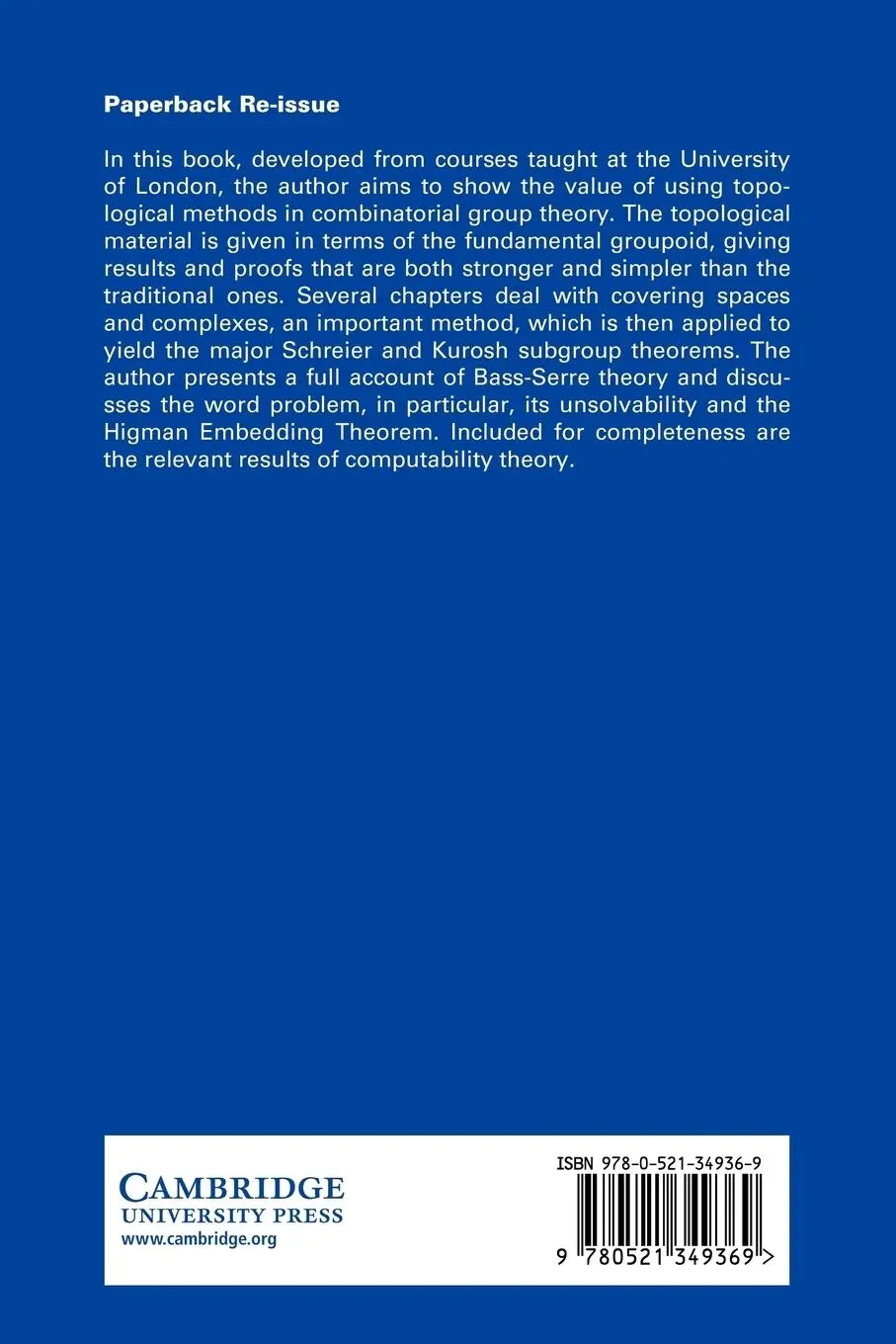 Rückseite: 9780521349369 | Combinatorial Group Theory | A Topological Approach | Daniel E. Cohen