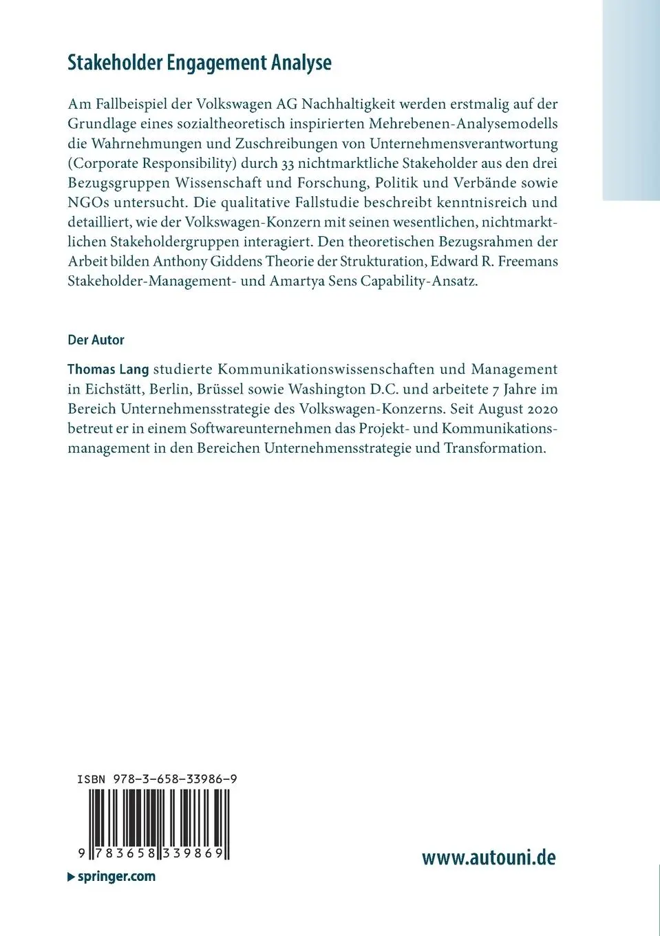 Rückseite: 9783658339869 | Stakeholder Engagement Analyse | Thomas Lang | Taschenbuch | xviii