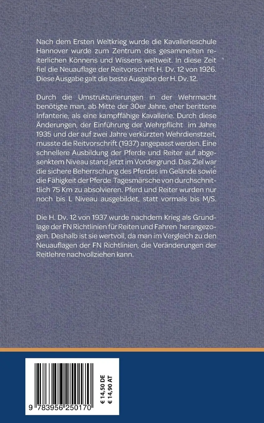 Rückseite: 9783956250170 | H. DV. 12 Reitvorschrift vom 18.08.1937 | Faksimile Ausgabe | Krüger