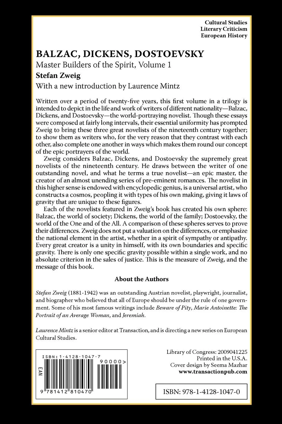 Rückseite: 9781412810470 | Balzac, Dickens, Dostoevsky | Master Builders of the Spirit | Zweig