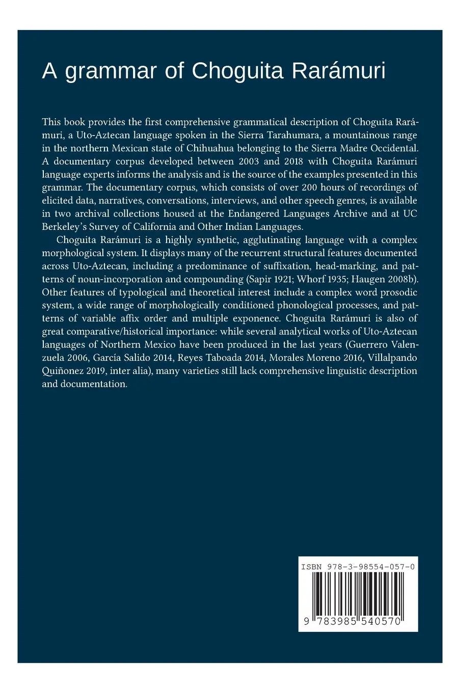 Rückseite: 9783985540570 | A grammar of Choguita Rarámuri | Gabriela Caballero | Buch | Englisch