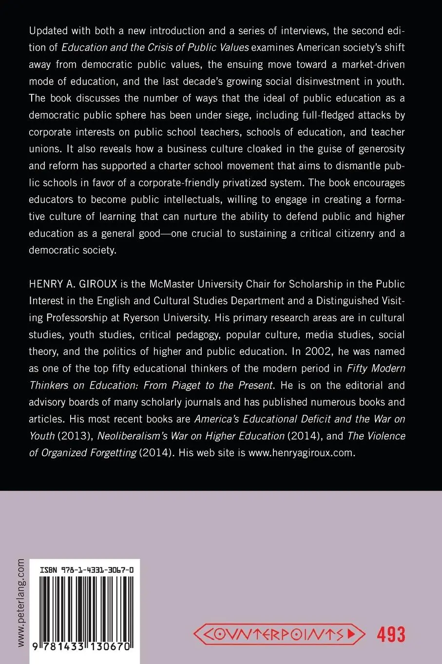 Rückseite: 9781433130670 | Education and the Crisis of Public Values | Henry A. Giroux | Buch