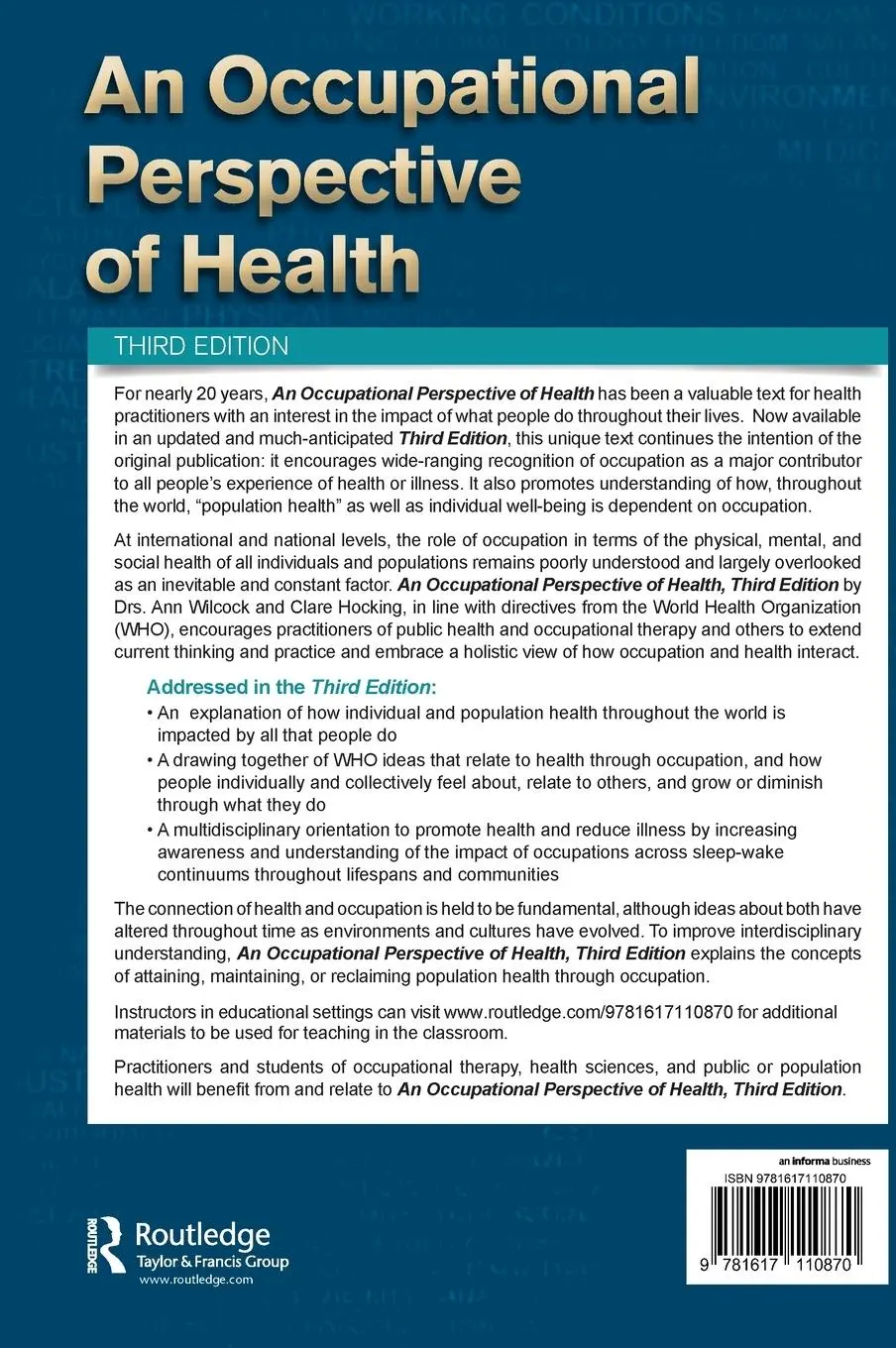 Rückseite: 9781617110870 | An Occupational Perspective of Health | Ann Wilcock (u. a.) | Buch