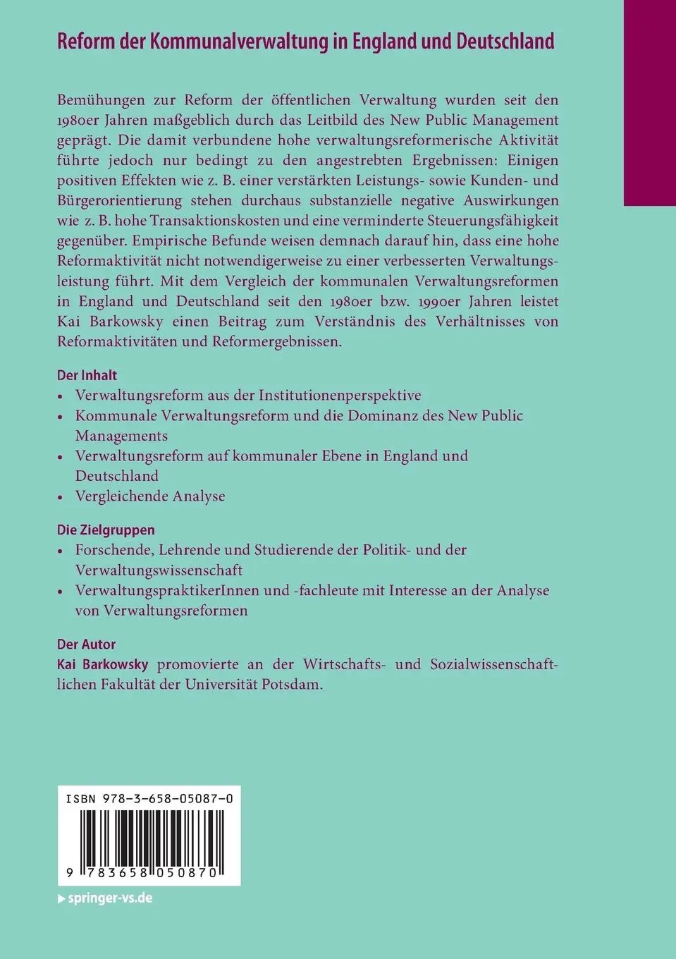 Rückseite: 9783658050870 | Reform der Kommunalverwaltung in England und Deutschland | Barkowsky