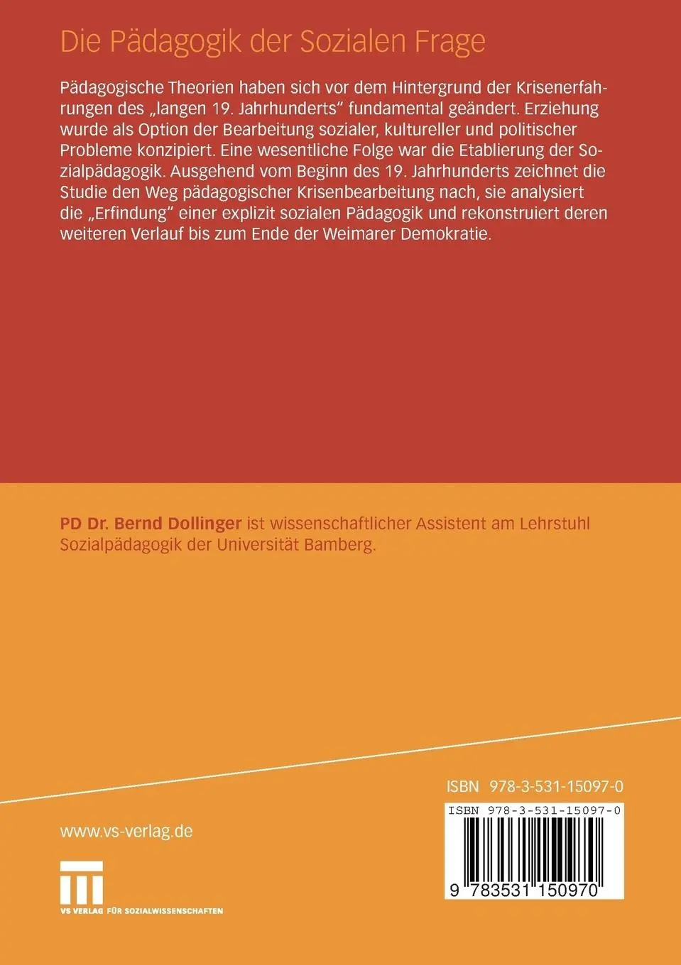 Rückseite: 9783531150970 | Die Pädagogik der Sozialen Frage | Bernd Dollinger | Taschenbuch | vii