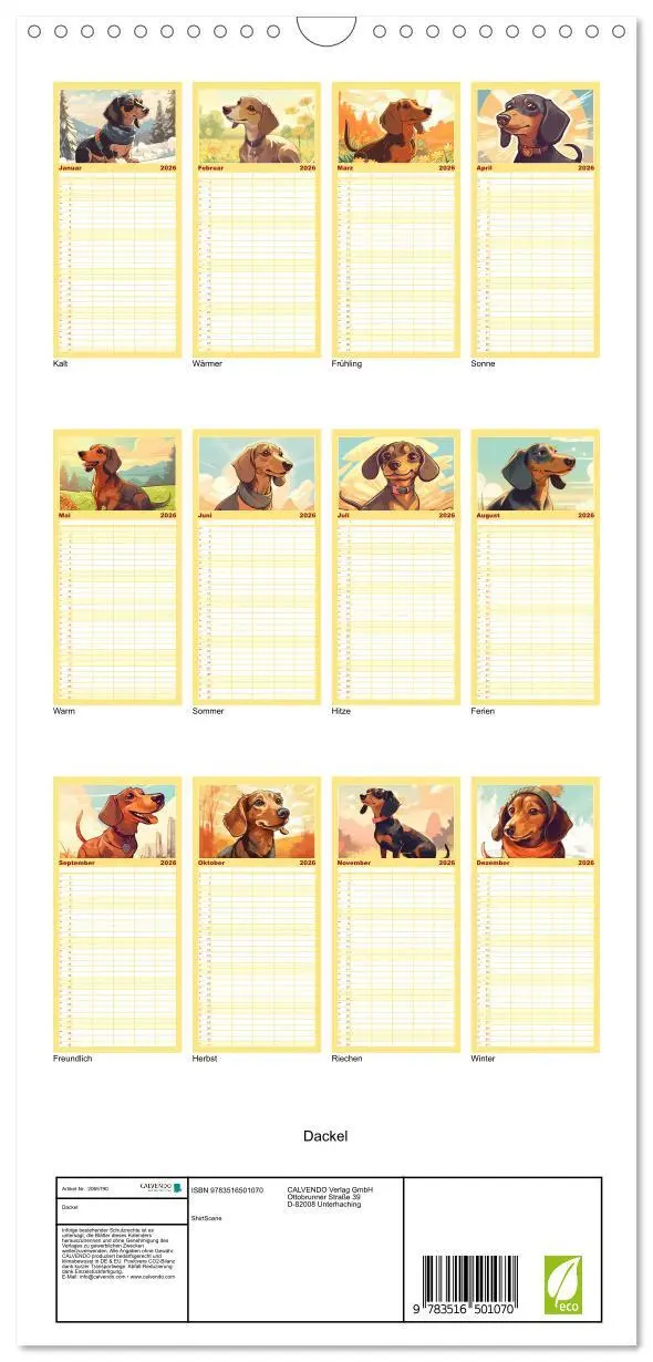 Bild: 9783516501070 | Familienplaner 2026 - Dackel mit 5 Spalten (Wandkalender, 21 x 45...