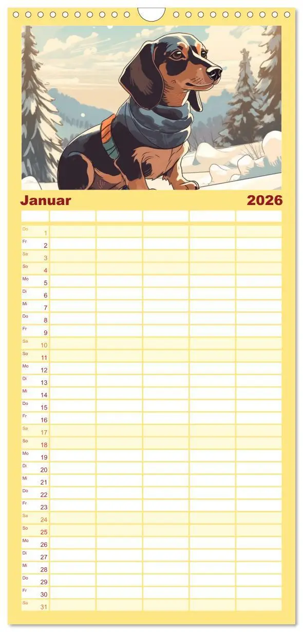 Bild: 9783516501070 | Familienplaner 2026 - Dackel mit 5 Spalten (Wandkalender, 21 x 45...