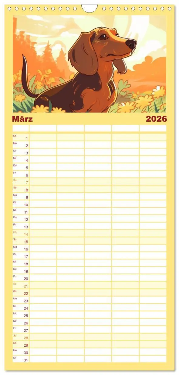 Bild: 9783516501070 | Familienplaner 2026 - Dackel mit 5 Spalten (Wandkalender, 21 x 45...