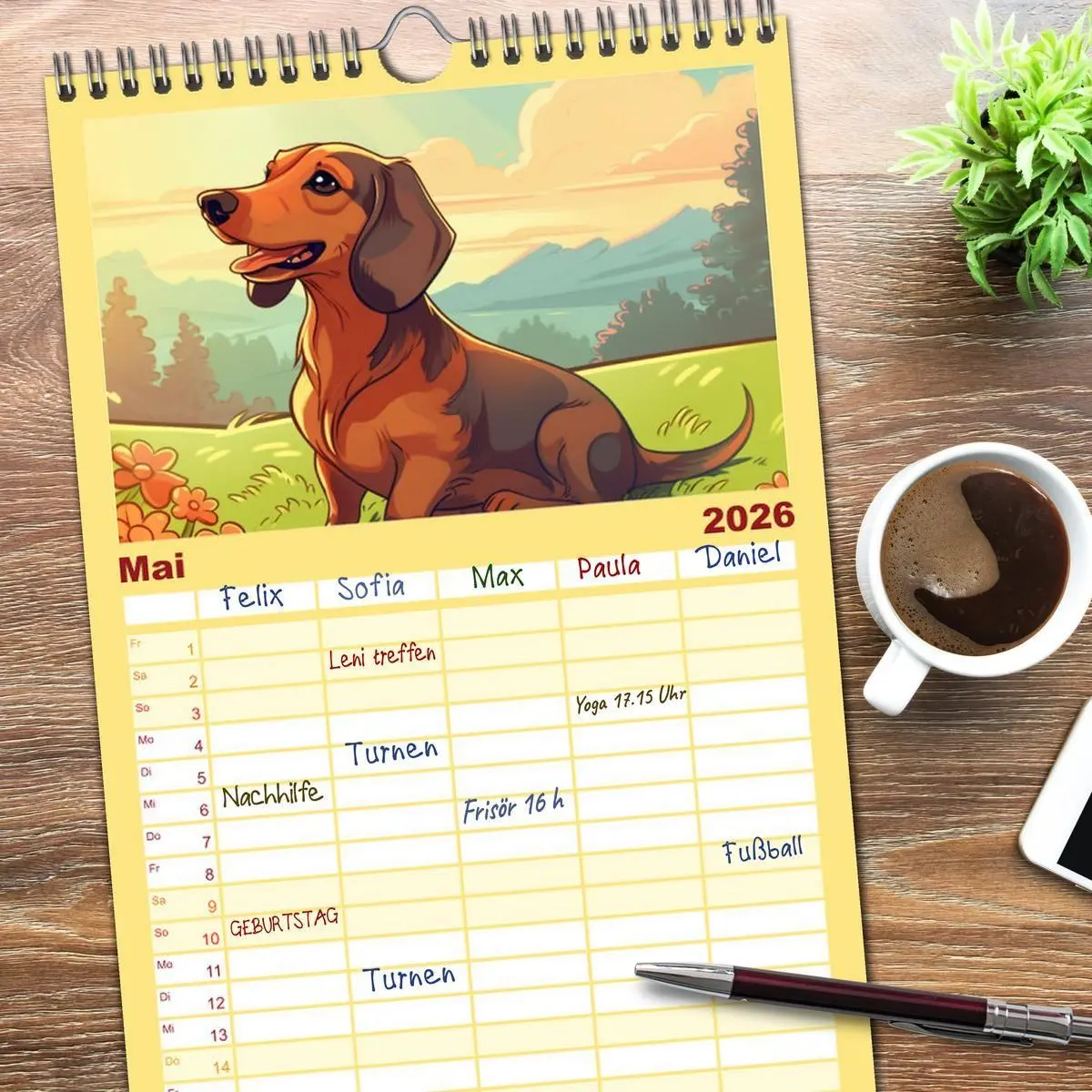 Bild: 9783516501070 | Familienplaner 2026 - Dackel mit 5 Spalten (Wandkalender, 21 x 45...